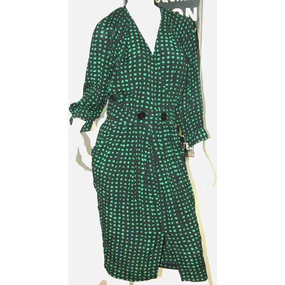 Joan Martin Dress Vintage Size 4 Black Green Polka Dots Pencil Dress Pockets - Picture 1 of 10